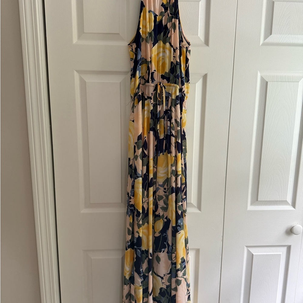 Lulu's Blue and Gold Halter Maxi Dress